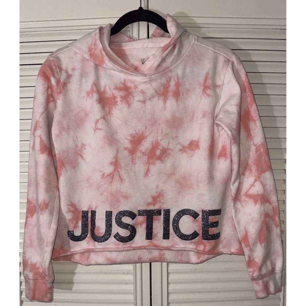 Justice Active Pink Tie Dye Glitter Justice Spell Out Hoodie Size 12/14 *FLAWS*